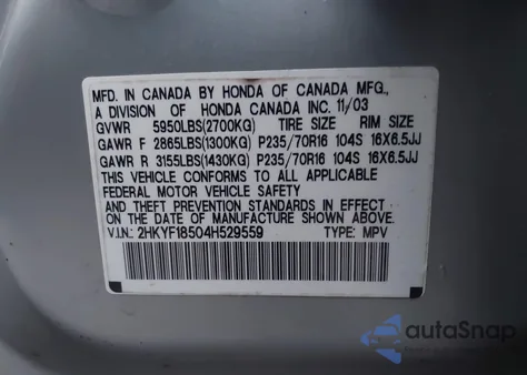2004 Honda Pilot Ex-L z USA, uszkodzony, nr VIN 2HKYF18504H529559